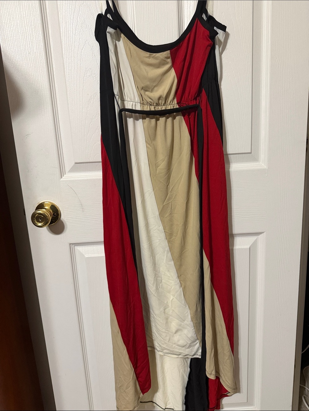 Sleeveless Colorblock High-Low Maxi Dress in Red, Black & Tan (Size Large)